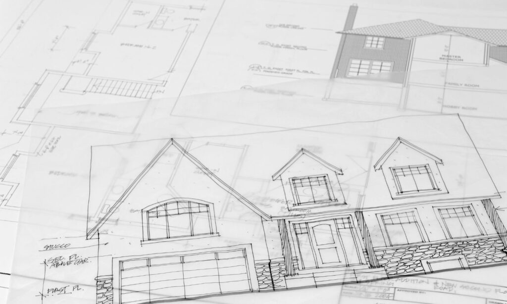 Architectural blueprints and detailed house drawing overlay.