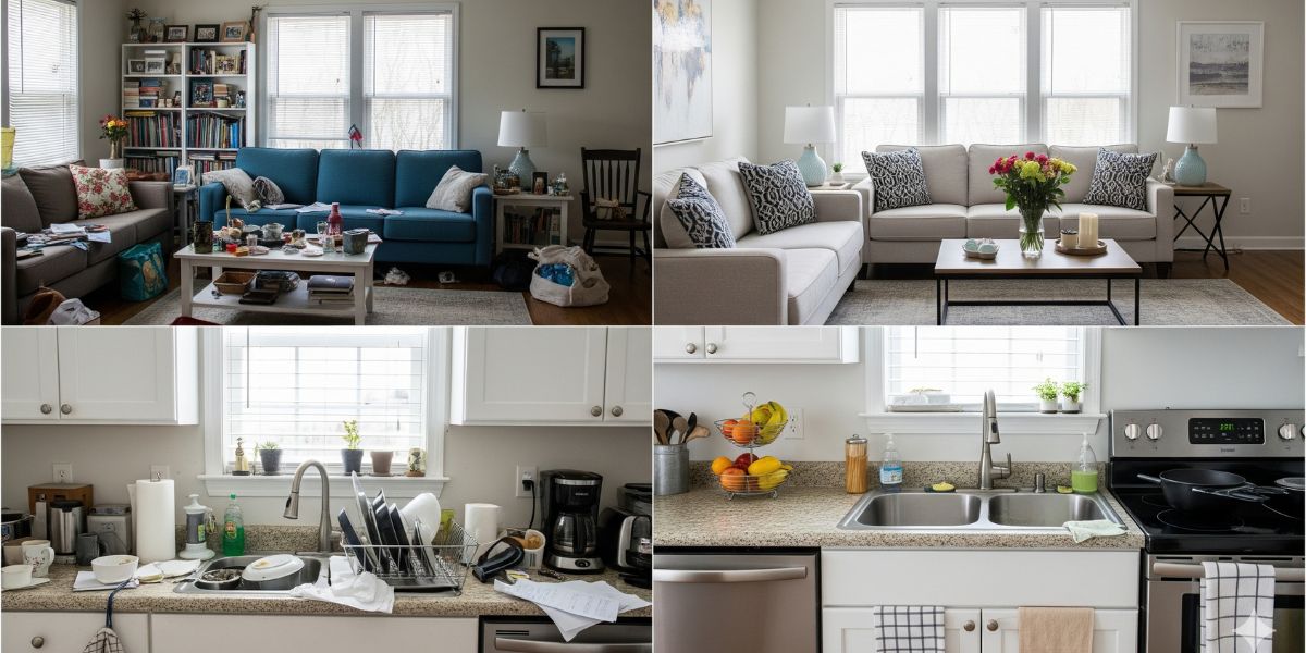 A before-and-after collage showing a living room and kitchen transformed by home staging.